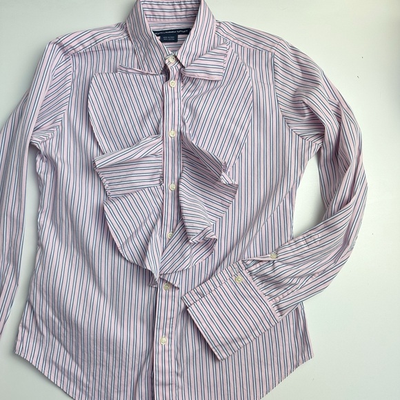 Ralph Lauren Ruffled Button Down Striped Blouse Size 12 100% Cotton - Picture 4 of 7